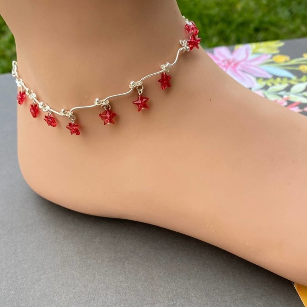 Sterling Silver Crystal Red Stars Anklet
